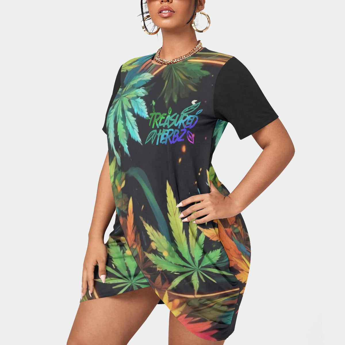 All-Over Print Women’s Stacked Hem Dress With Short Sleeve(Plus Size)