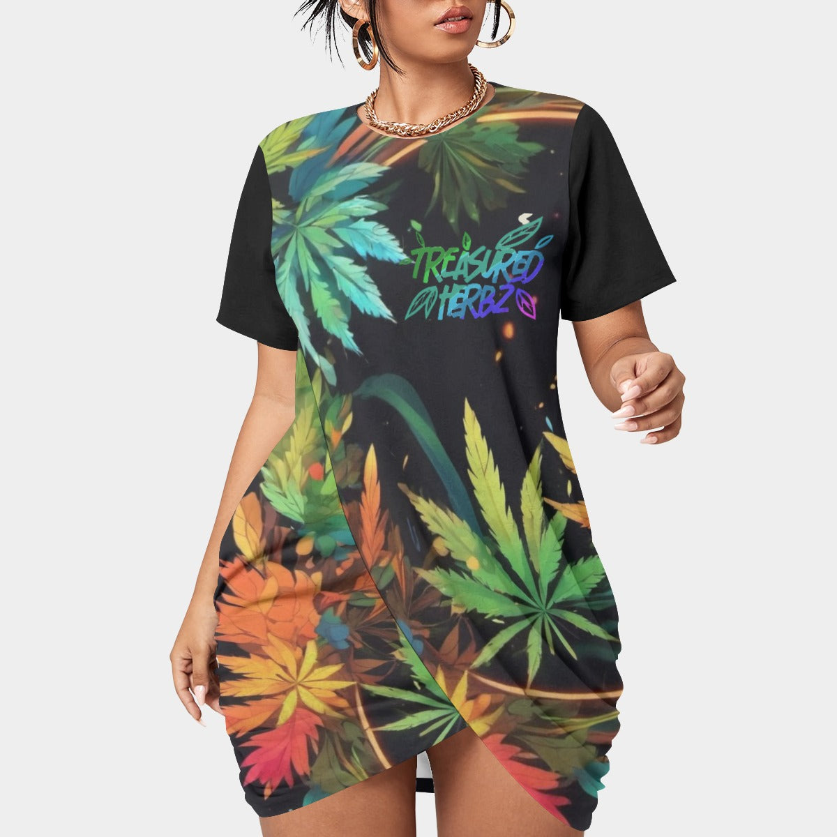 All-Over Print Women’s Stacked Hem Dress With Short Sleeve(Plus Size)