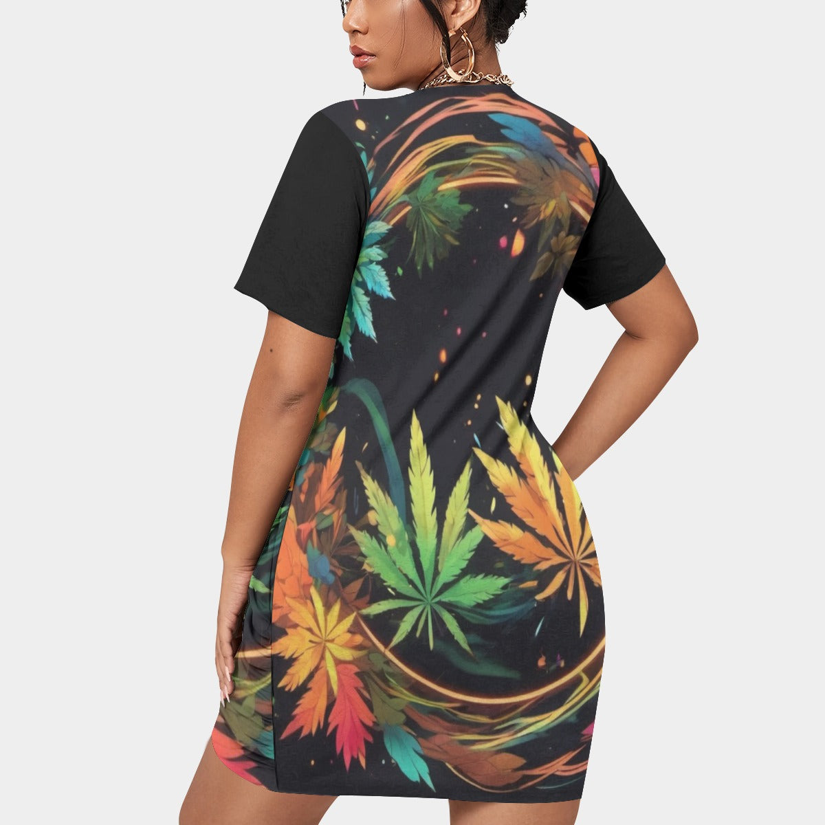 All-Over Print Women’s Stacked Hem Dress With Short Sleeve（Plus Size）