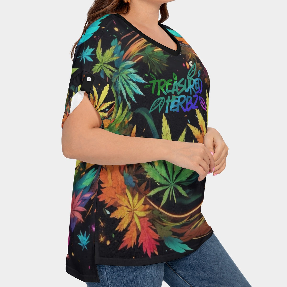 All-Over Print Women's Drop-shoulder Short Sleeve T-shirt With Sleeve Loops(Plus Size)