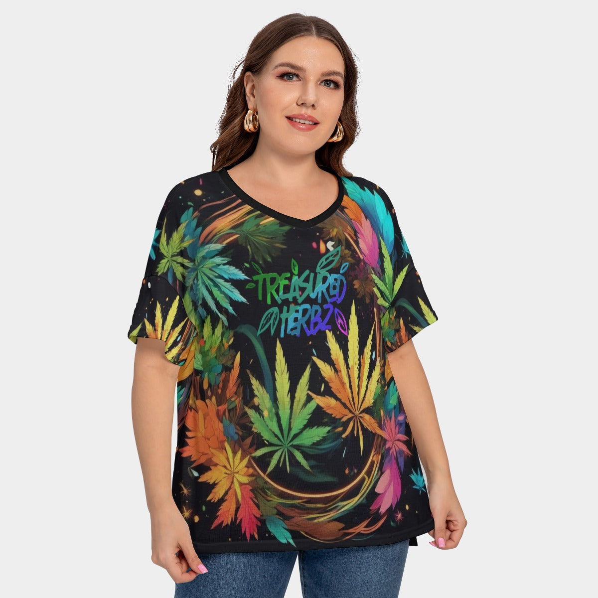 All-Over Print Women's Drop-shoulder Short Sleeve T-shirt With Sleeve Loops(Plus Size)